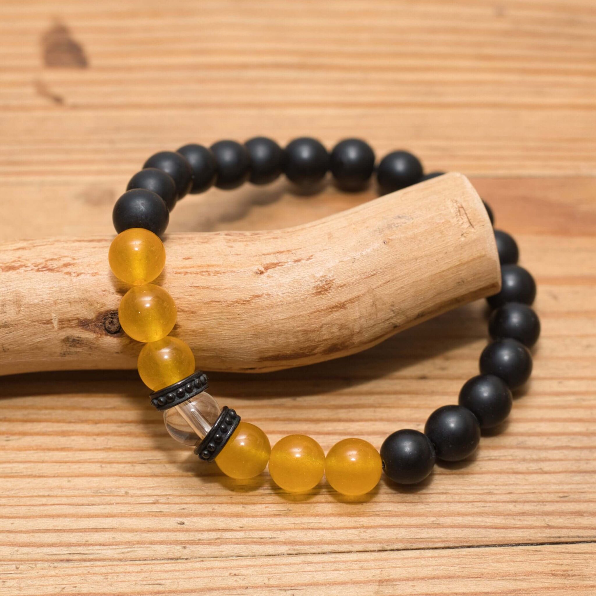 Armband Gelber Chalcedon, Schwarzer Onyx & Kristall Perlenarmband, Edelstein Armband mit schwarzen Metall Rondellen