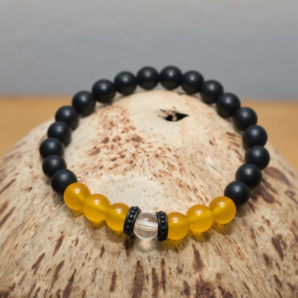 Armband Gelber Chalcedon, Schwarzer Onyx & Kristall Perlenarmband, Edelstein Armband mit schwarzen Metall Rondellen