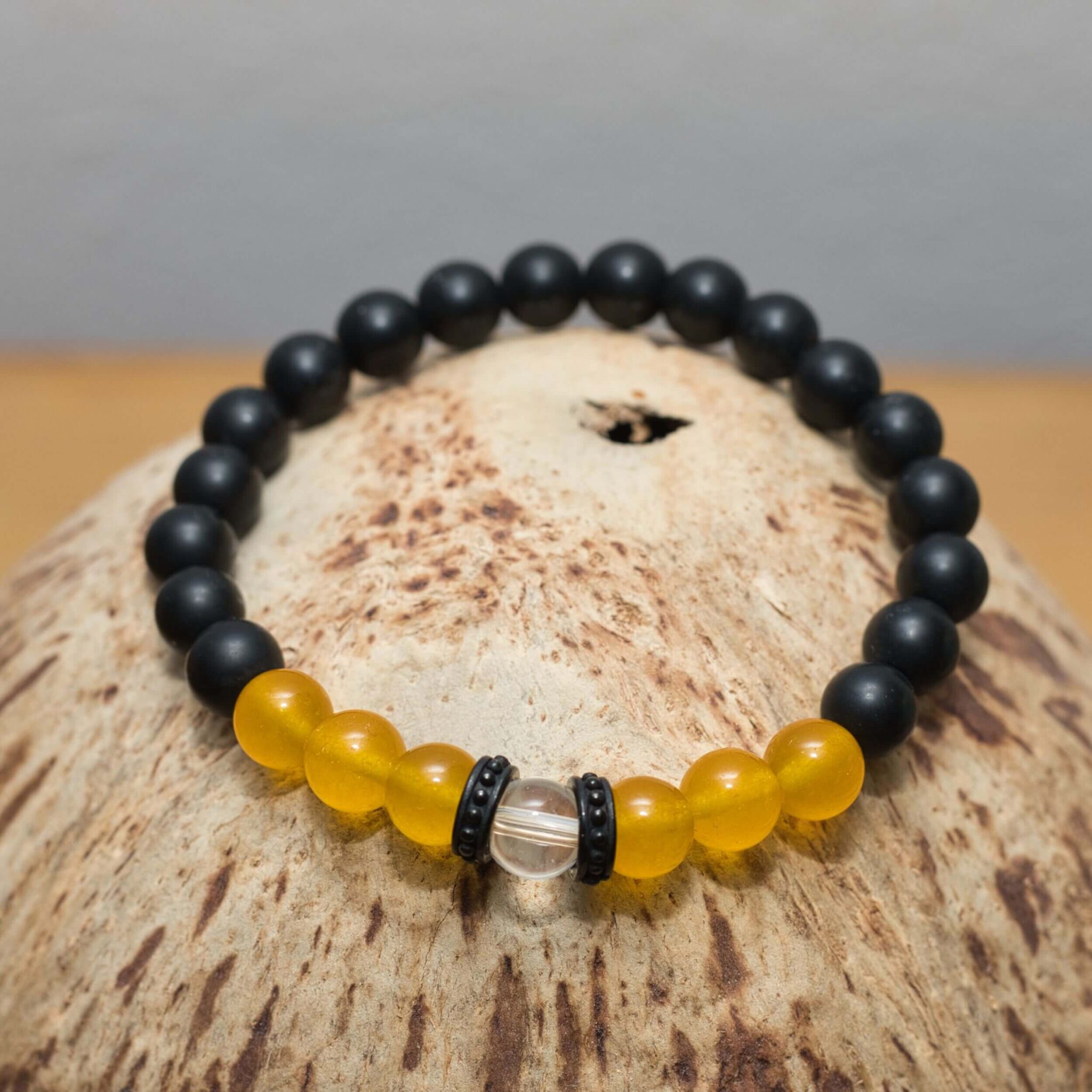 Armband Gelber Chalcedon, Schwarzer Onyx & Kristall Perlenarmband, Edelstein Armband mit schwarzen Metall Rondellen