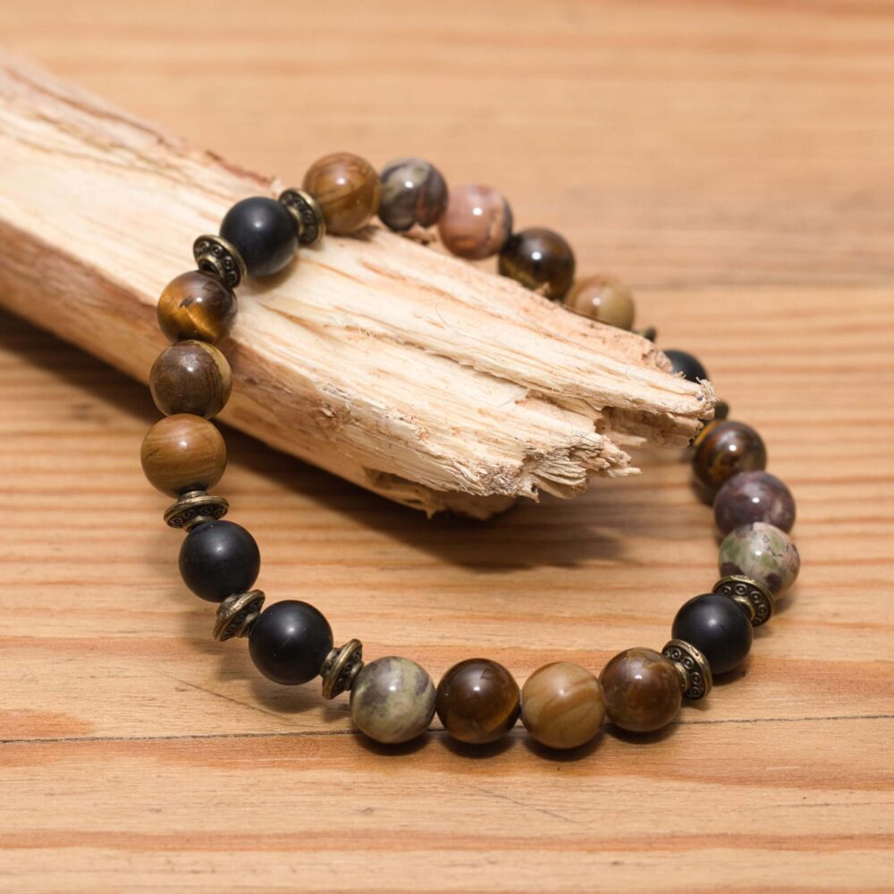 Edelstein-Armband aus Onyx, Tigerauge, Holzjaspis & Gobi Achat mit einzigartigen bronzefarbenen UFO-Metallperlen – Schutz & Balance.