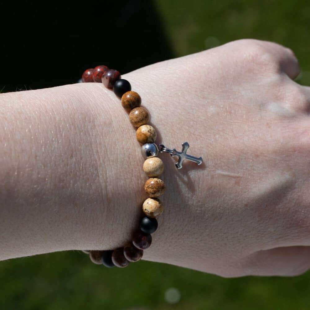 Brown gemstone bracelet with Cross.