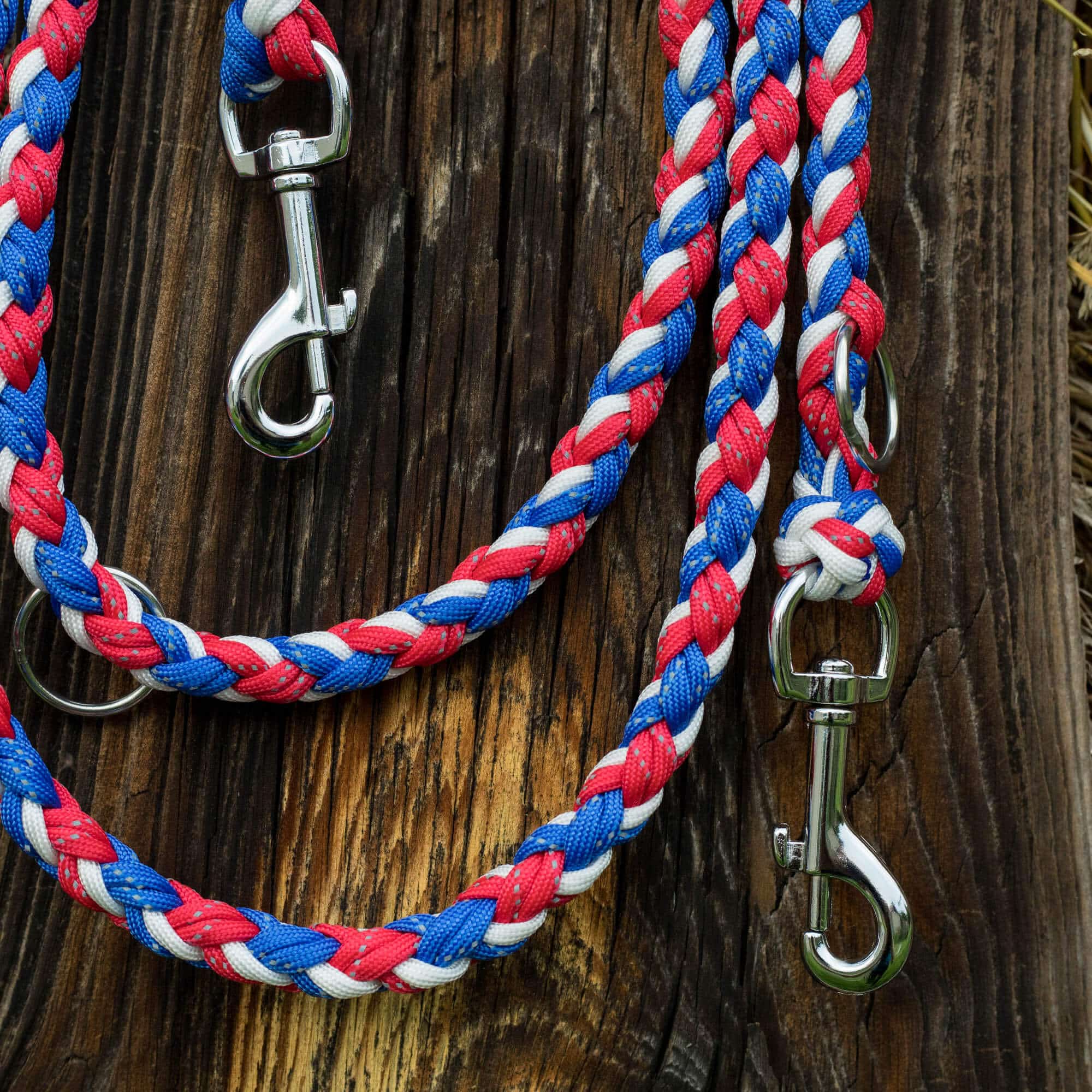 Reflektierende Paracord Hundeleine Union Jack in Weiß Blau Rot mit 8-fach Geflecht, Standard oder verstellbar