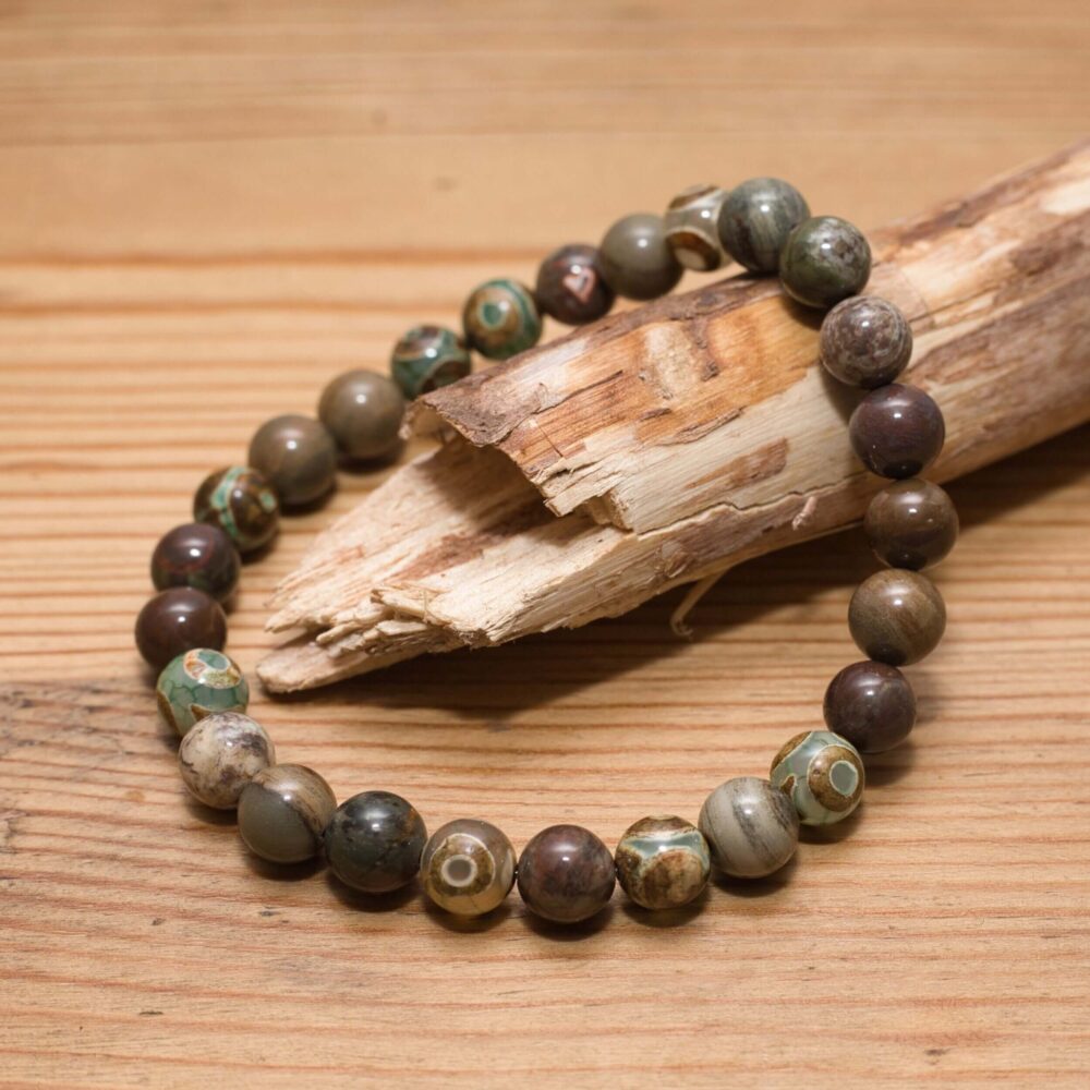 Armband aus Gobi Achat & Blattjaspis mit Tibetischen Dzi-Perlen