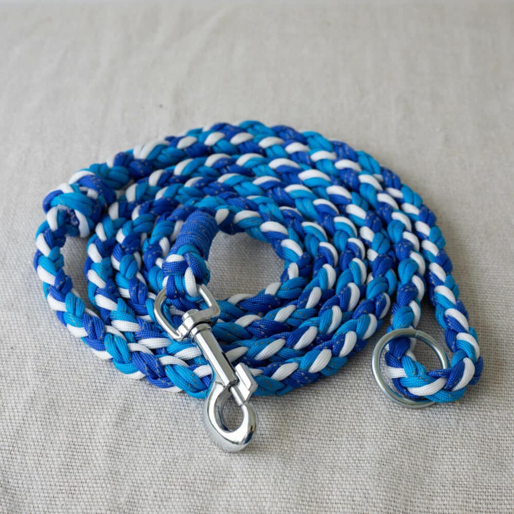 Reflektierende Paracord Hundeleine 8-fach in Blau Türkis Weiß, standard oder verstellbar