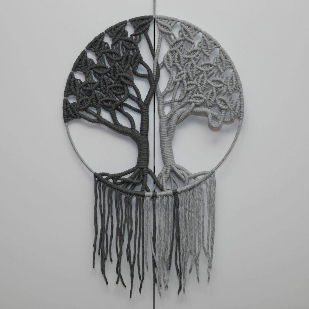 Handcrafted macrame Tree of Life made of grey recycled cotton cord.