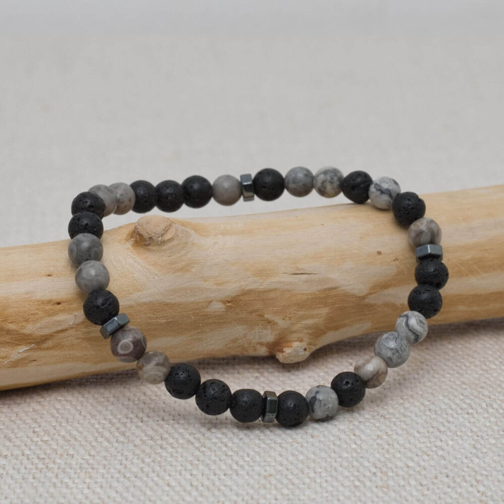 Unisex-Armband aus Lavastein, Picasso-Jaspis, Hämatit und Maifanit – natürlich, elegant, schwarz-grau und voller positiver Energie.