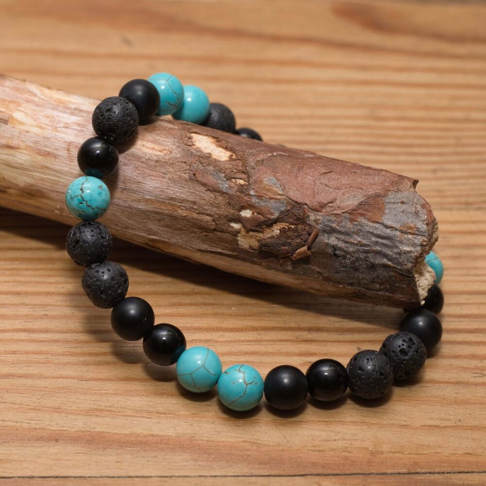 Erdung & Balance Edelstein Armband – Lava, Onyx, Achat, Turquenit, Unisex Perlenarmband in Blau und Schwarz