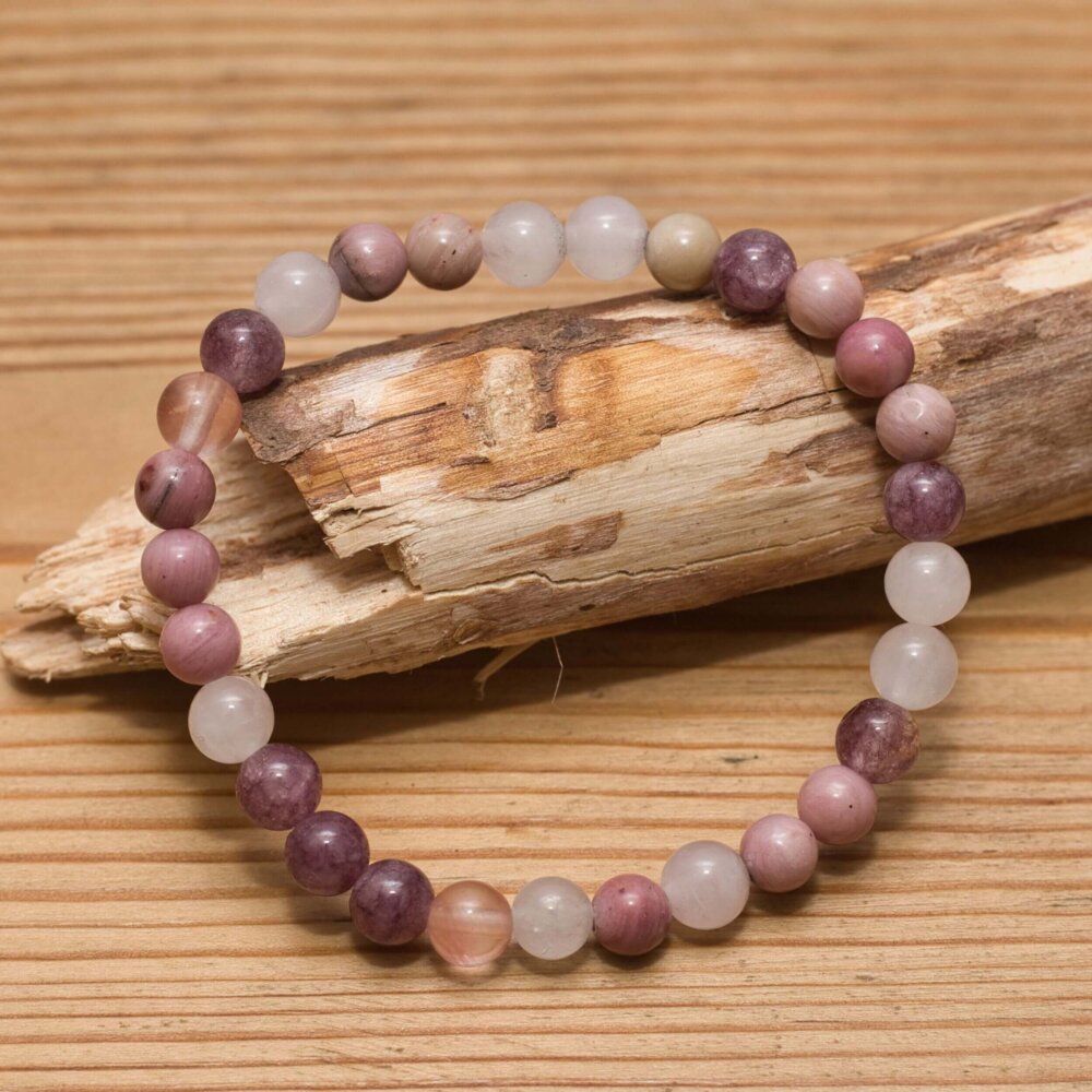 Rosa Edelstein Armband mit Lepidolith, Rosenquarz, Rhodonit und Turmalin aus 6 mm Perlen