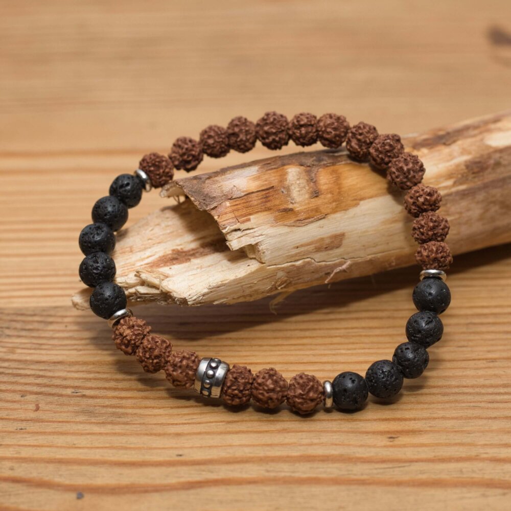 Lavastein Rudraksha Armband mit Edelstahlperlen handgefertigt