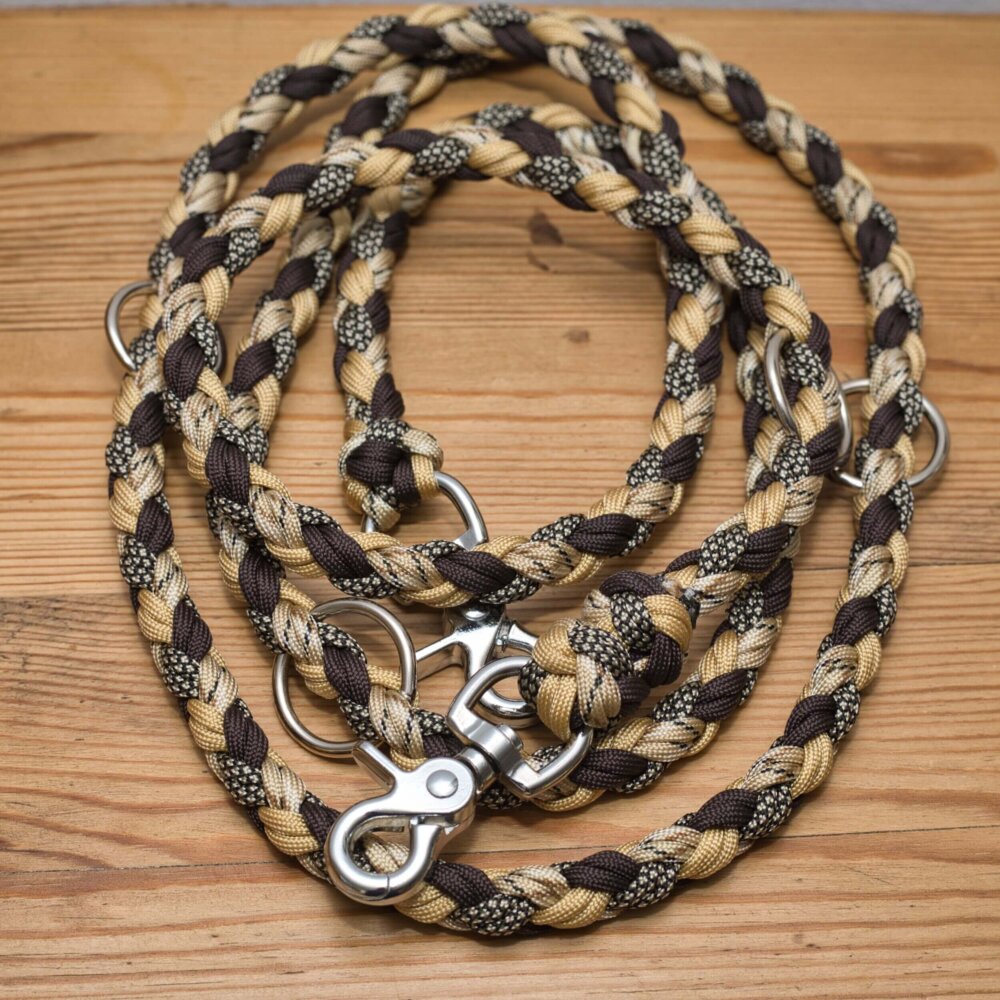 Paracord Hundeleine 8-fach in Braun Beige, standard oder verstellbar mit stabilem Griff