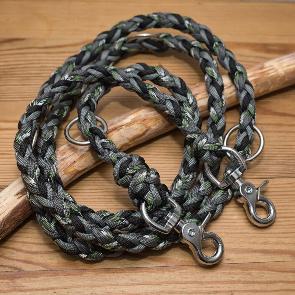 Paracord Hundeleine 8-fach in Schwarz Grün Grau, standard oder verstellbar mit stabilem Griff