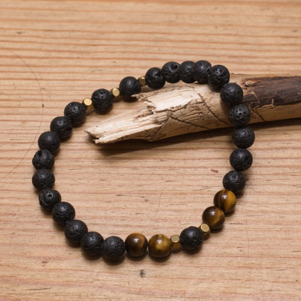 Armband aus Tigerauge und schwarzem Lavastein mit Metallperlen